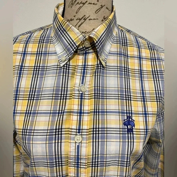 Brooks Brothers 1818 yellow/blue plaid button down shirt. 100% cotton Size small - Picture 2 of 6